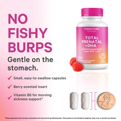 Pink Stork Total Prenatal Vitamins, No Fishy Burps, 60 Capsules, Berry | Clean Label Award, Support Fetal Development, Vegan DHA, Methylfolate, Iron, Choline, Vitamin B12, Pregnancy Essentials,