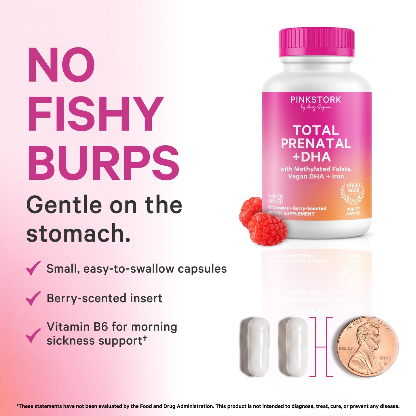 Pink Stork Total Prenatal Vitamins, No Fishy Burps, 60 Capsules, Berry | Clean Label Award, Support Fetal Development, Vegan DHA, Methylfolate, Iron, Choline, Vitamin B12, Pregnancy Essentials,