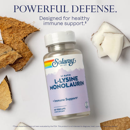 SOLARAY L-Lysine Monolaurin Immune Support Supplement, 1:1 Ratio for Immune System Function, 500 mg Each, 30 Servings, 60 VegCaps
