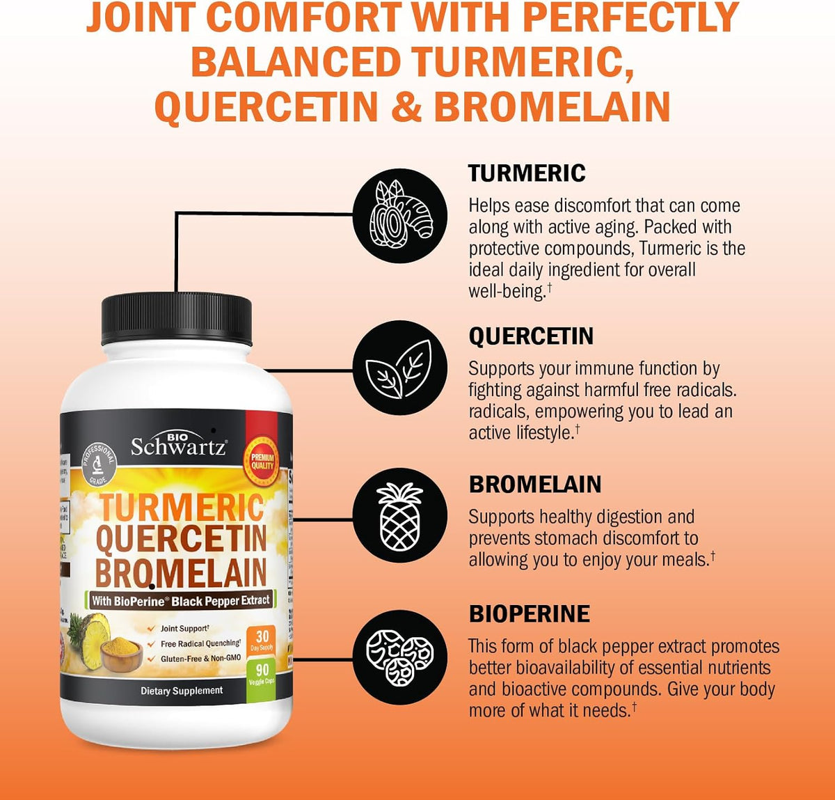 Turmeric Quercetin with Bromelain Supplement - 90 count