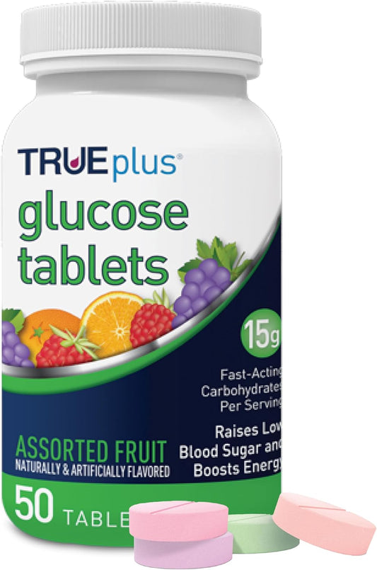 TRUEplus Glucose Tablets, Grape, Raspberry, Orange Flavors, 50 Count | Chewable Tablets, 15g Fast-Acting Carbohydrates, Fat Free, Gluten Free, Boosts Energy, Great Tasting and Easy to Use