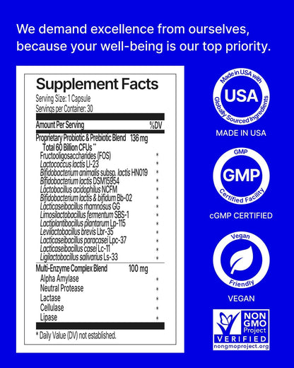 3-in-1 Gut Health Probiotics with Digestive Enzymes - 30 CT | 60B CFU, 12 Clinically Studied Strains & Prebiotics, Bloating & Gas Relief, Regularity, Digestive Health for Women & Men