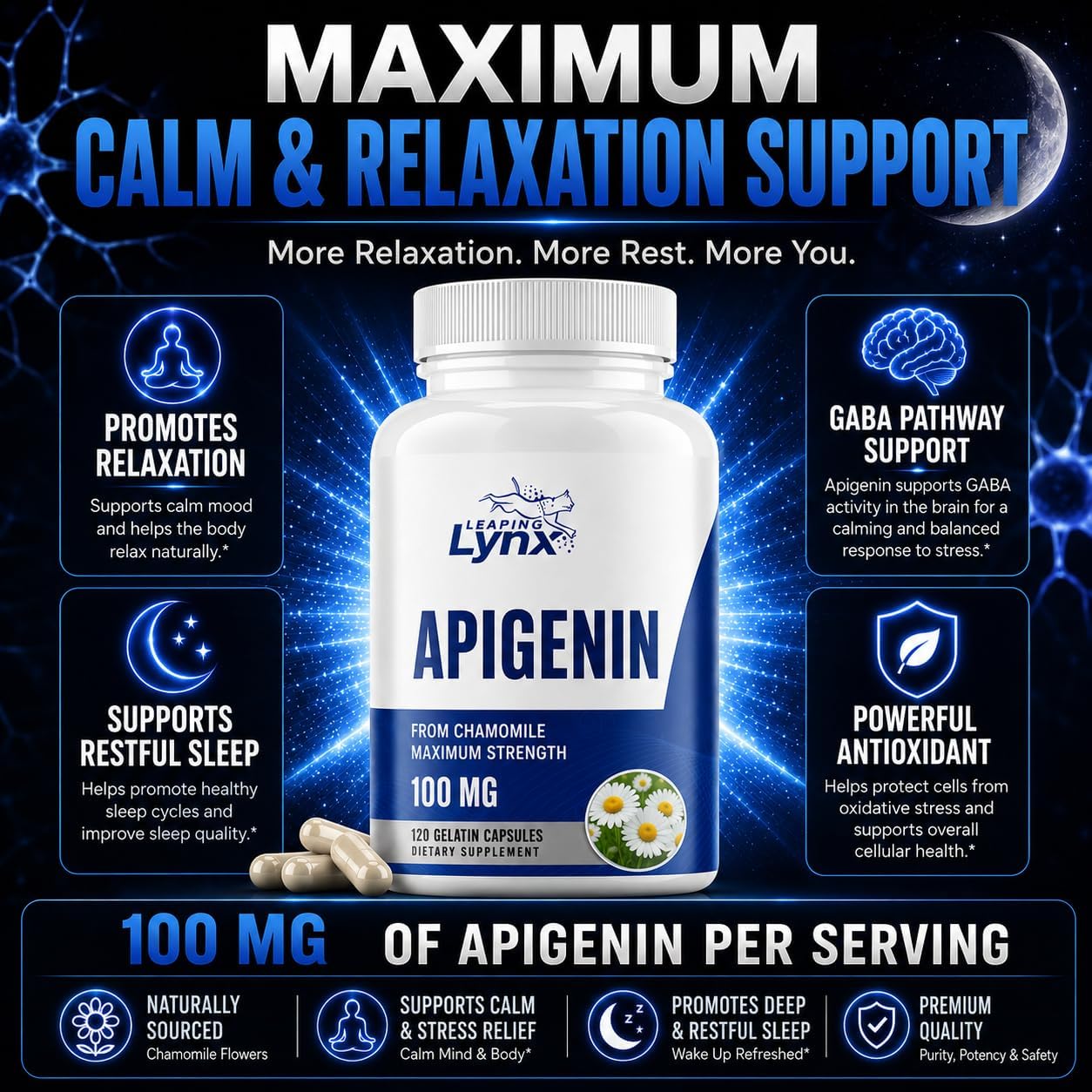 Leaping Lynx Apigenin 100 mg Per Serving (50 mg Per Capsule), 120 Capsules | 60 Day Supply | Sleep Support Supplement for Relaxation, Calm Mood & Healthy Aging | Marigold Extract | Non-GMO
