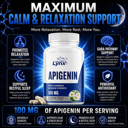 Leaping Lynx Apigenin 100 mg Per Serving (50 mg Per Capsule), 120 Capsules | 60 Day Supply | Sleep Support Supplement for Relaxation, Calm Mood & Healthy Aging | Marigold Extract | Non-GMO