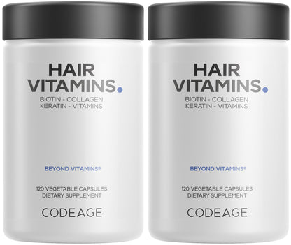 Codeage Hair Vitamins 10000 mcg Biotin, Keratin, Collagen, Vitamin A, B12, C, D3, E, Zinc, Turmeric, Probiotics, Enzymes, Inositol - Hair Care Support - Healthy Hair Supplement Pills - 120 Capsules