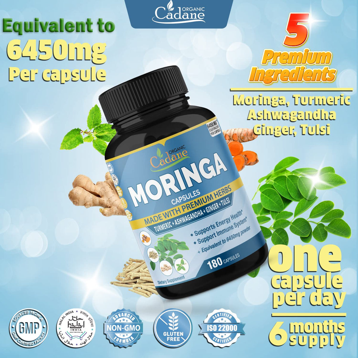 Organic Moringa Extract Capsules 6450mg, 6 Months Supply with Ashwagandha Root