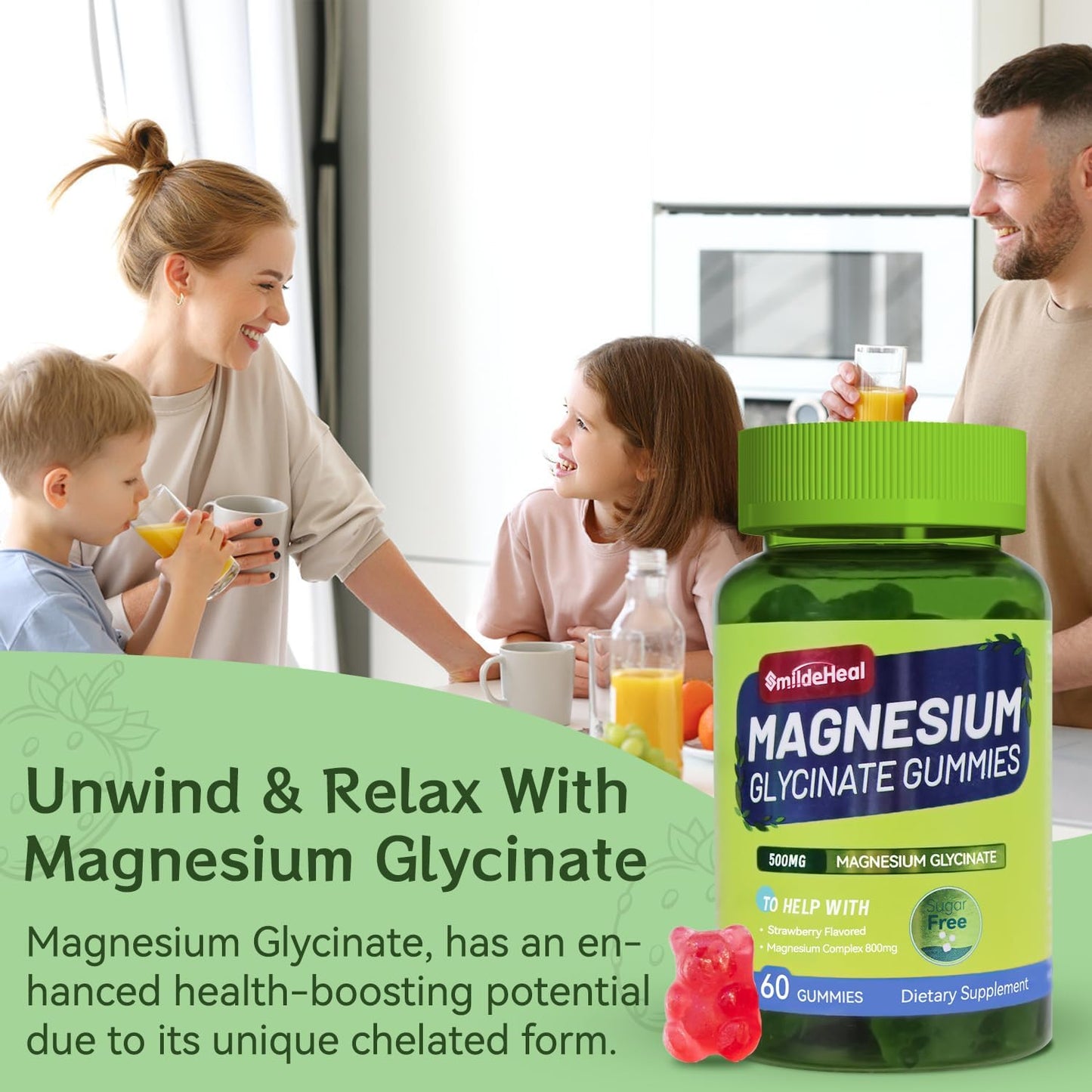 Magnesium Glycinate Gummies 500mg with L-Threonate 300mg - Sugar-Free Magnesium Potassium Supplement with Vitamin D, B6, CoQ10 - Strawberry Flavored - 60 Gummies