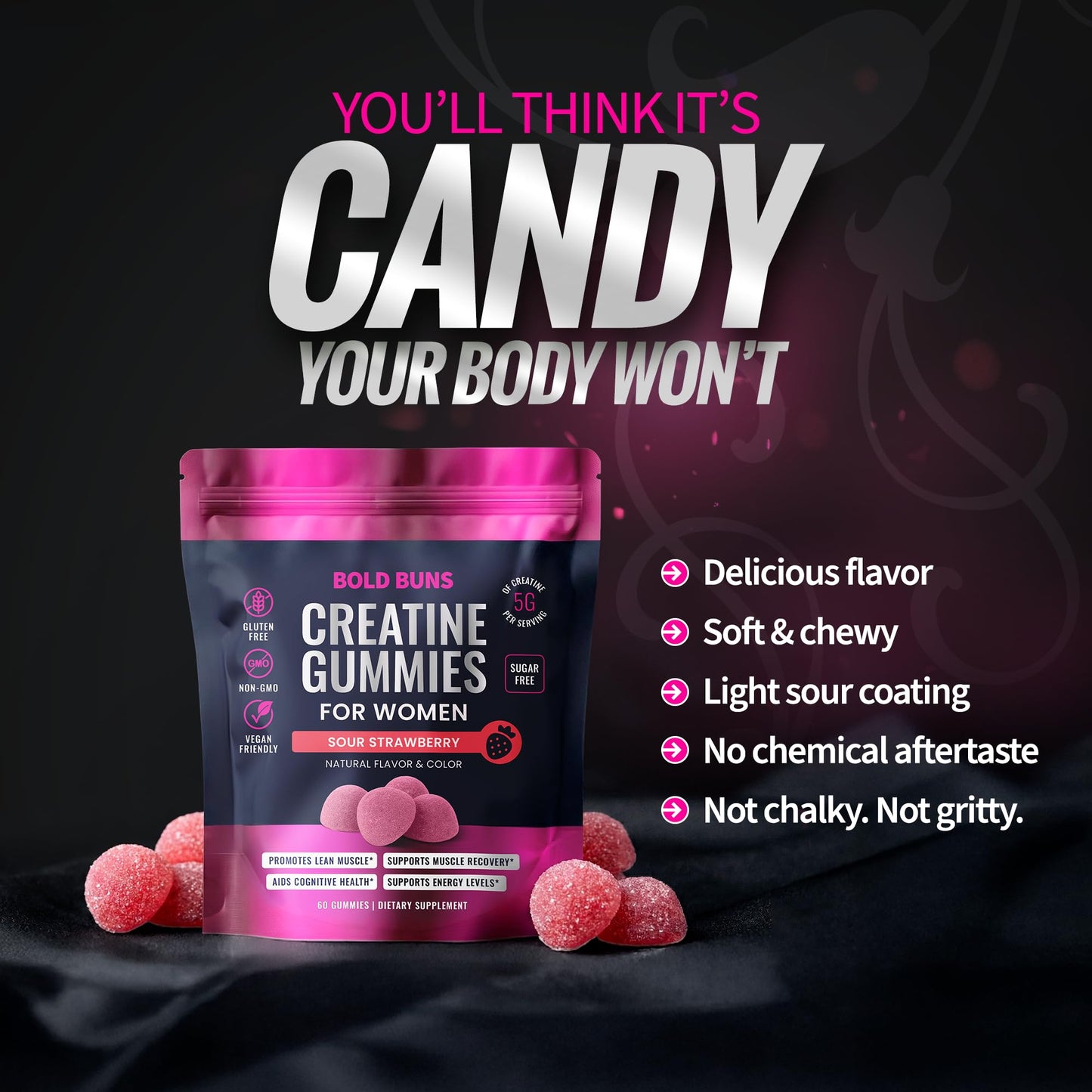Bold Buns Creatine for Women – Supplement with Collagen & BCAA – Supports Muscle Development, Post-Workout Recovery, Skin Elasticity, Healthy Hair & Nail (30 Servings, Unflavored)