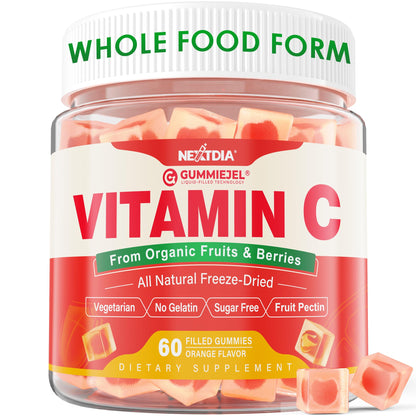 Organic Vitamin C Gummies 120mg for Adults, Sugar Free, Daily Immune Defense, Raw Antioxidant, 100% Whole Food Chewable Vitamin C Supplement from 1200mg Berries & Fruits for Collagen, Vegan, 60 Counts