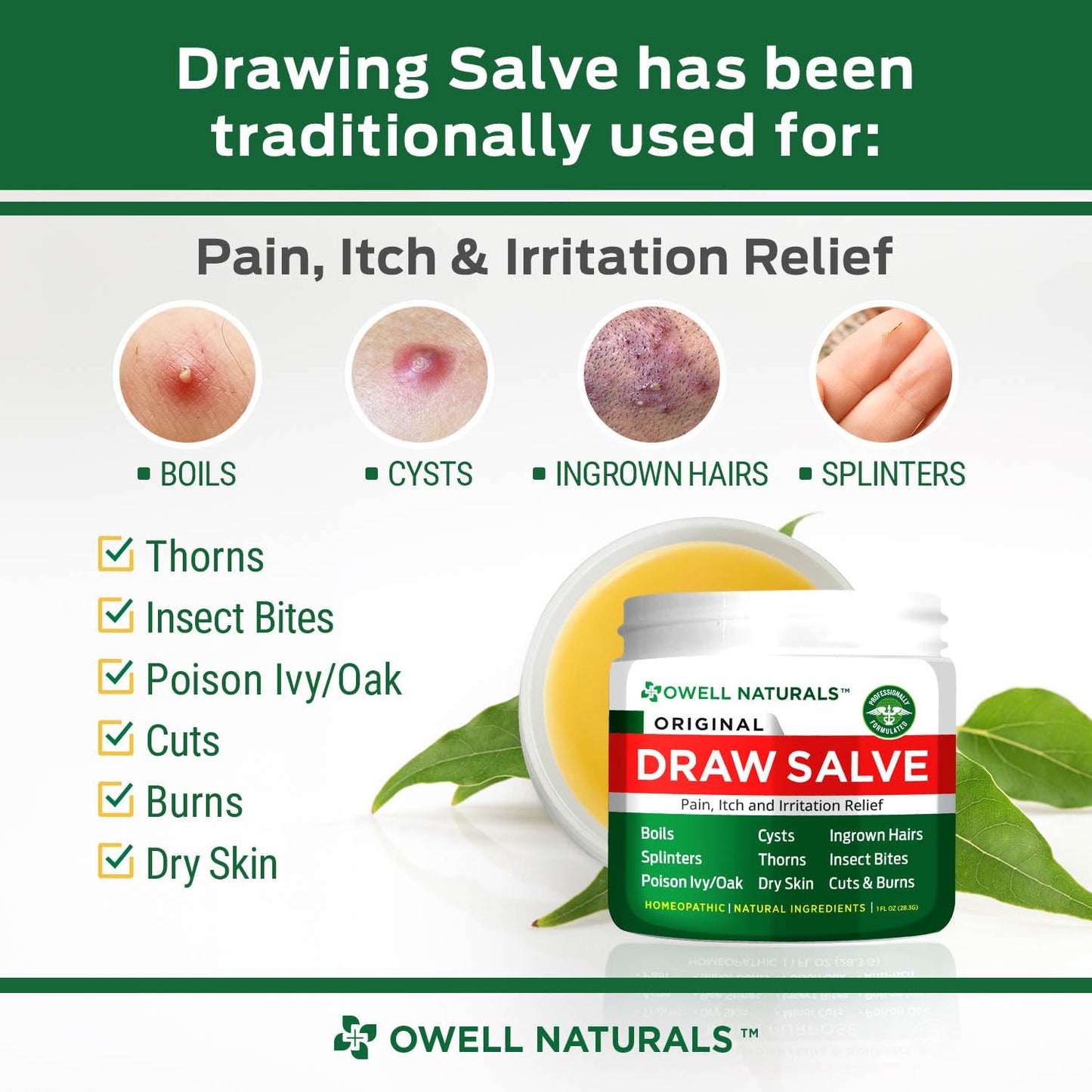 OWELL NATURALS Drawing Salve Ointment for Boil & Cyst Removal, Deep Ingrown Hair, Splinter Remover, Bug Spider Bites, Bee Sting, Mosquito Itching, Poison Ivy