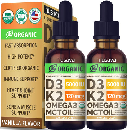 (2 Pack) Organic Vitamin D3 K2 Drops with MCT Oil & Omega 3 - Liquid Vitamin D3 5000 IU - K2 D3 Vitamin Supplement - Vitamin D Drops for Women & Men - No Fillers, Non-GMO, GMP, Unflavored (2 Fl Oz)