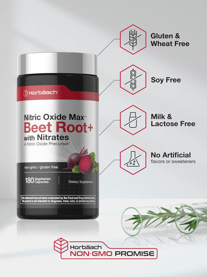 Horbäach Nitric Oxide Beet Root Capsules | 180 Count | with Nitrates and Precursor | for Men and Women | Vegetarian, Non-GMO, Gluten Free Supplement