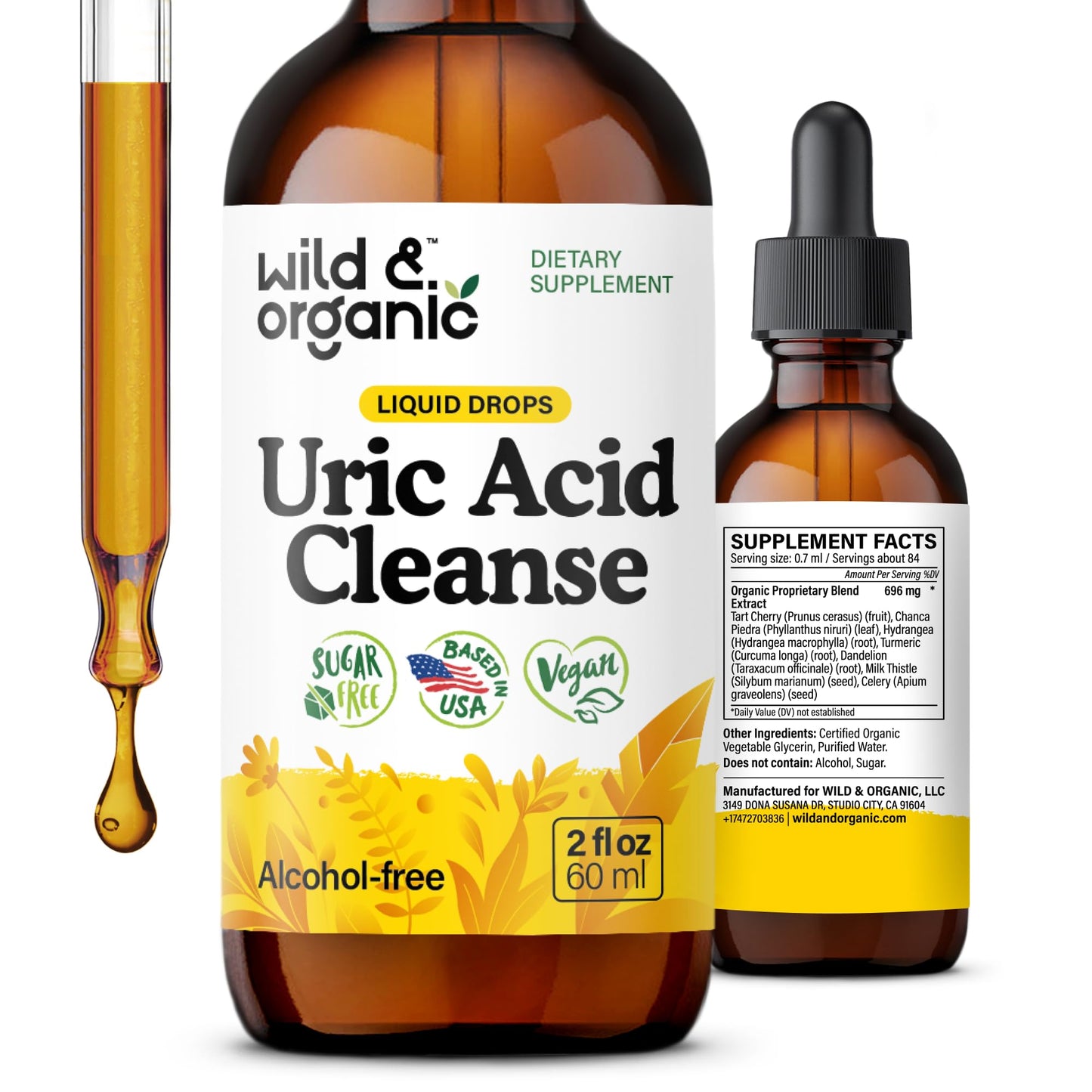 Wild & Organic Uric Acid Cleanse Liquid Drops - Tart Cherry, Turmeric, Celery, Chanca Piedra, Dandelion Root Extract Complex - Uric Acid Supplement - Vegan, Sugar & Alcohol-Free Tincture - 4 fl oz