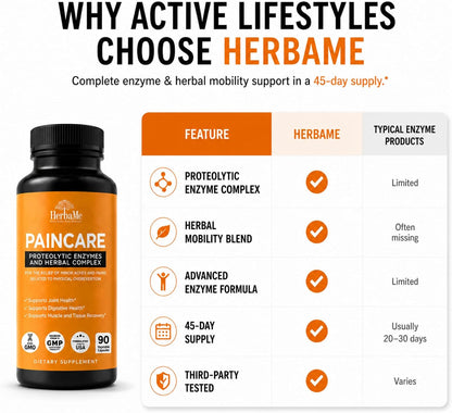 HerbaMe Proteolytic Enzymes with Serrapeptase, Bromelain & Herbal Blend for Mobility & Active Recovery Support, Systemic Enzyme Formula for Joint Flexibility & Active Wellness, 90 Capsules
