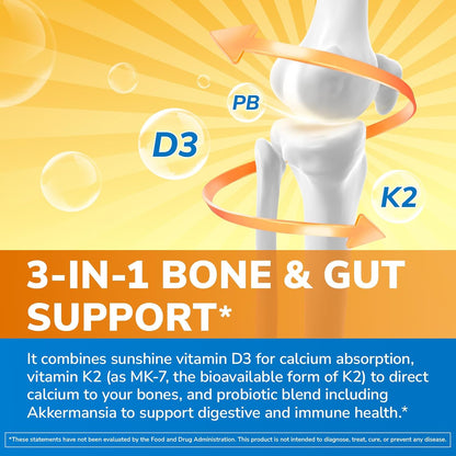 Vitalibre D3 K2 Probiotic Supplement, Vitamin D3 5000 IU & K2 100 mcg, with Probiotics for Women & Men, Akkermansia Muciniphila, Bone, Gut & Immune Support, Non-GMO, Easy to Swallow, 30 Capsules