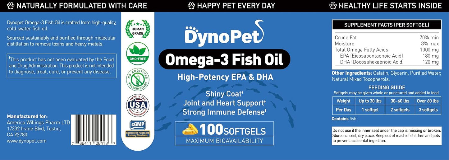 Omega-3 Fish Oil for Pets, High Potency EPA & DHA, Supports Shiny Coat & Immune Defense, 100 Softgels, Human Grade, GMO-Free, No Additives