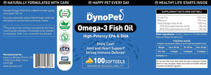 Omega-3 Fish Oil for Pets, High Potency EPA & DHA, Supports Shiny Coat & Immune Defense, 100 Softgels, Human Grade, GMO-Free, No Additives