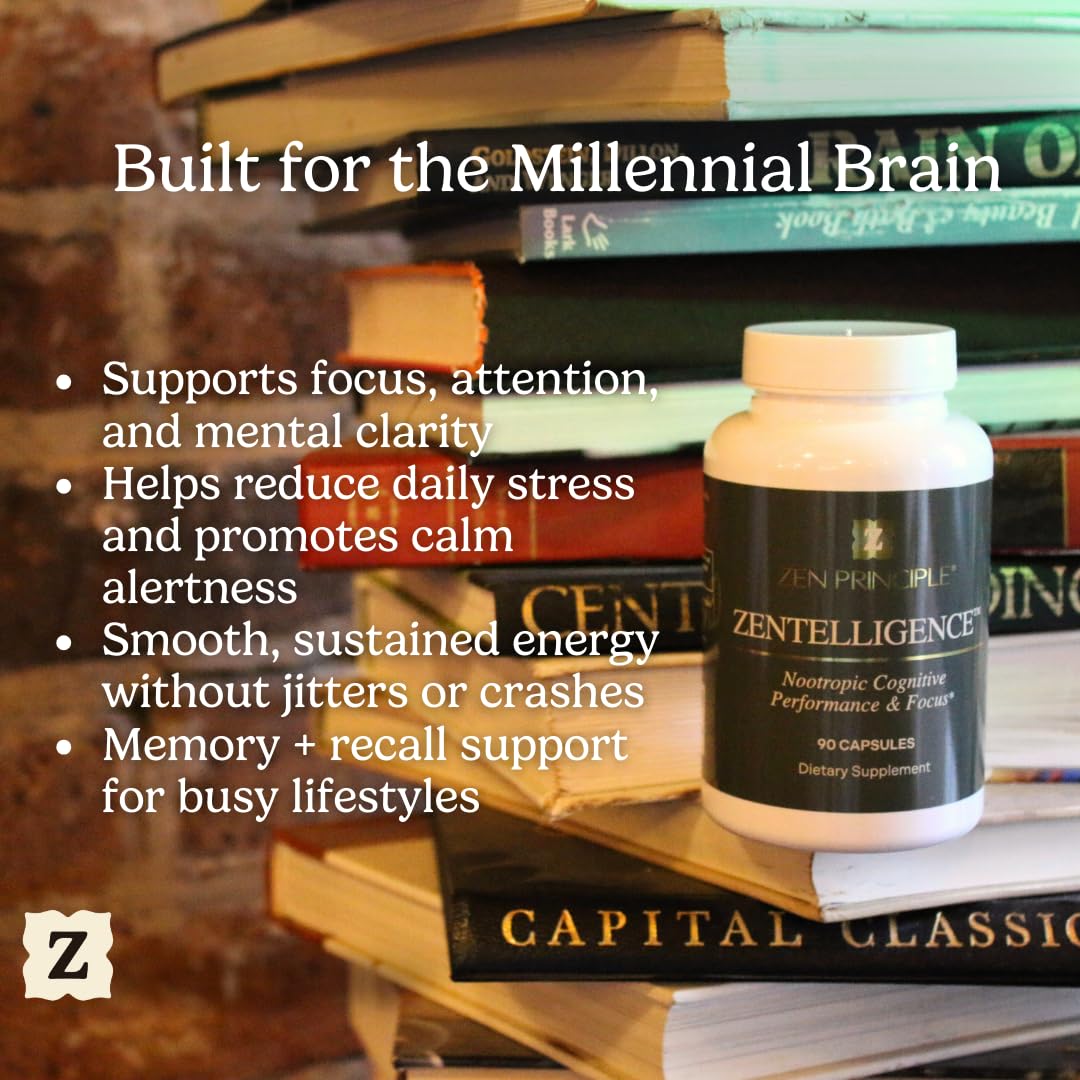 Zen Principle Zentelligence™ Focus Nootropic Supplement for Students & Professionals | Energy, Memory & Stress Support | Jitter-Free Formula with L-Theanine, Ginkgo Biloba, Huperzine A. 90 Capsules