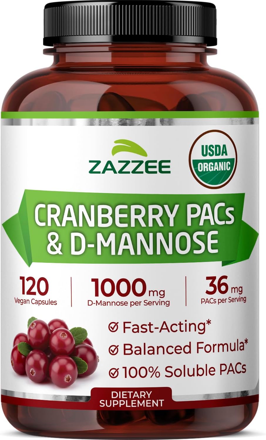 Zazzee USDA Organic Cranberry PACs & D-Mannose, 36 mg PACs per Serving, 1000 mg D-Mannose per Serving, 120 Vegan Capsules, 2 Month Supply, Urinary Tract & Bladder Support, Non-GMO, Made in the USA