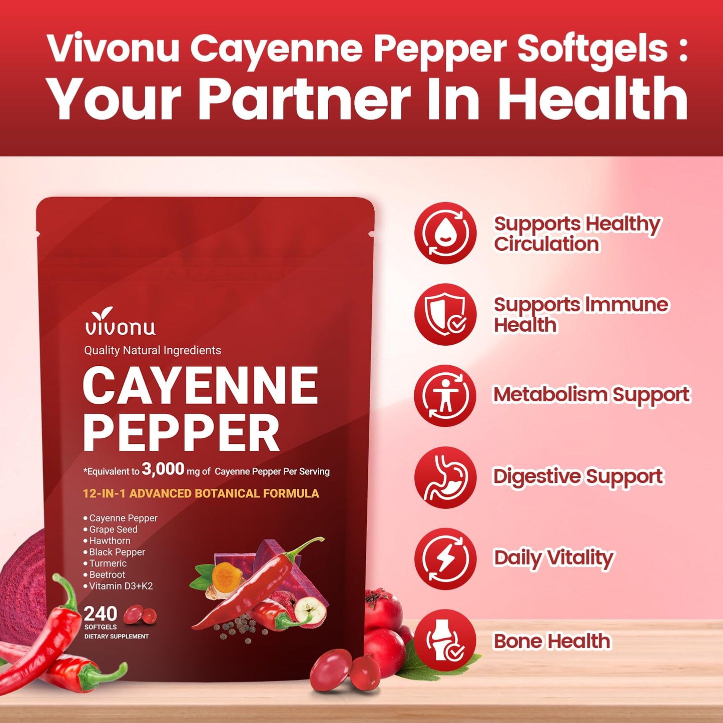 Cayenne Pepper Softgels Supplement, Supports Leg Vein, Heart and Blood Vessel Health, with Vitamin E D3+K2 and Extracts of Grape Seed, Hawthorn, Beetroot, Berberine and Others (Softgels / 1 Bag)