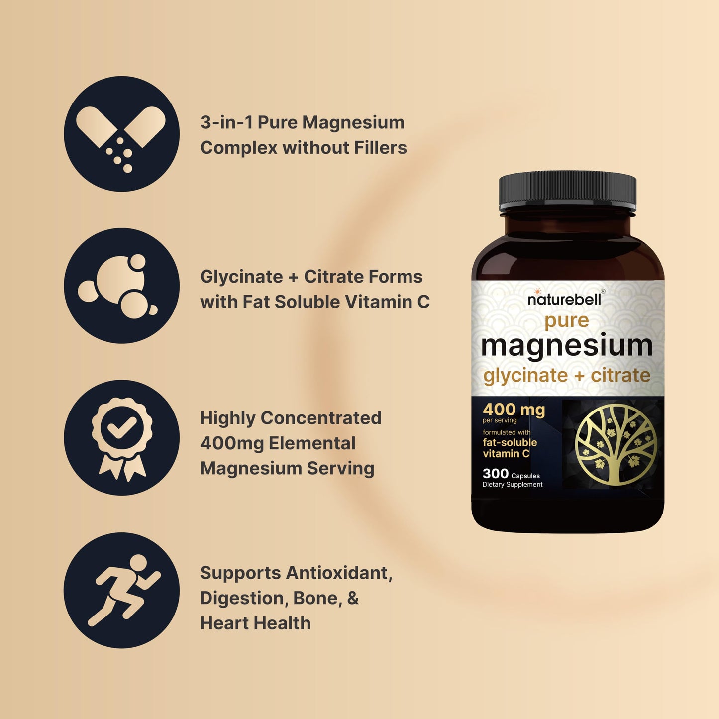 Magnesium Complex 400mg, 300 Capsules | Glycinate, Citrate | Chelated & Purified | Bone, Heart & Digestion Support | Non-GMO