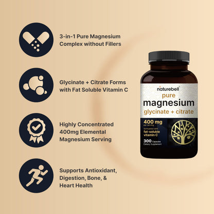 Magnesium Complex 400mg, 300 Capsules | Glycinate, Citrate | Chelated & Purified | Bone, Heart & Digestion Support | Non-GMO