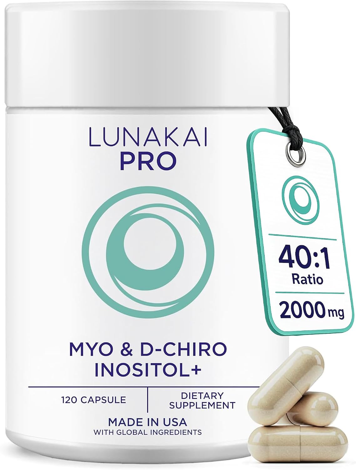 Lunakai Myo-Inositol D-Chiro Inositol for Women 40:1, 2000mg Supplement | USA Made | with CoQ10, Folate & Vitamin D3 - Daily Hormone Balance & Ovarian Support, 120ct