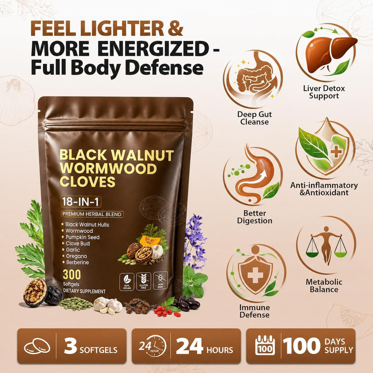 18-in-1 Wormwood Black Walnut Clove Herbal Cleanse Supplement |300 Softgels