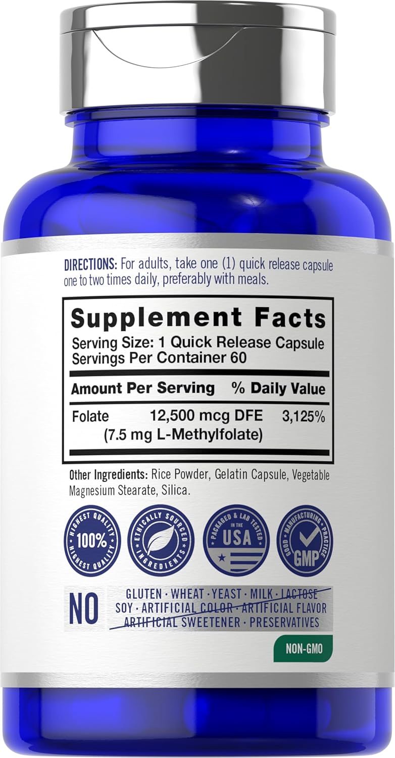 Carlyle L Methylfolate 7.5 mg | 60 Capsules | Optimized and Activated | Non-GMO, Gluten Free | Methyl Folate, 5-MTHF | by Opti-Folate