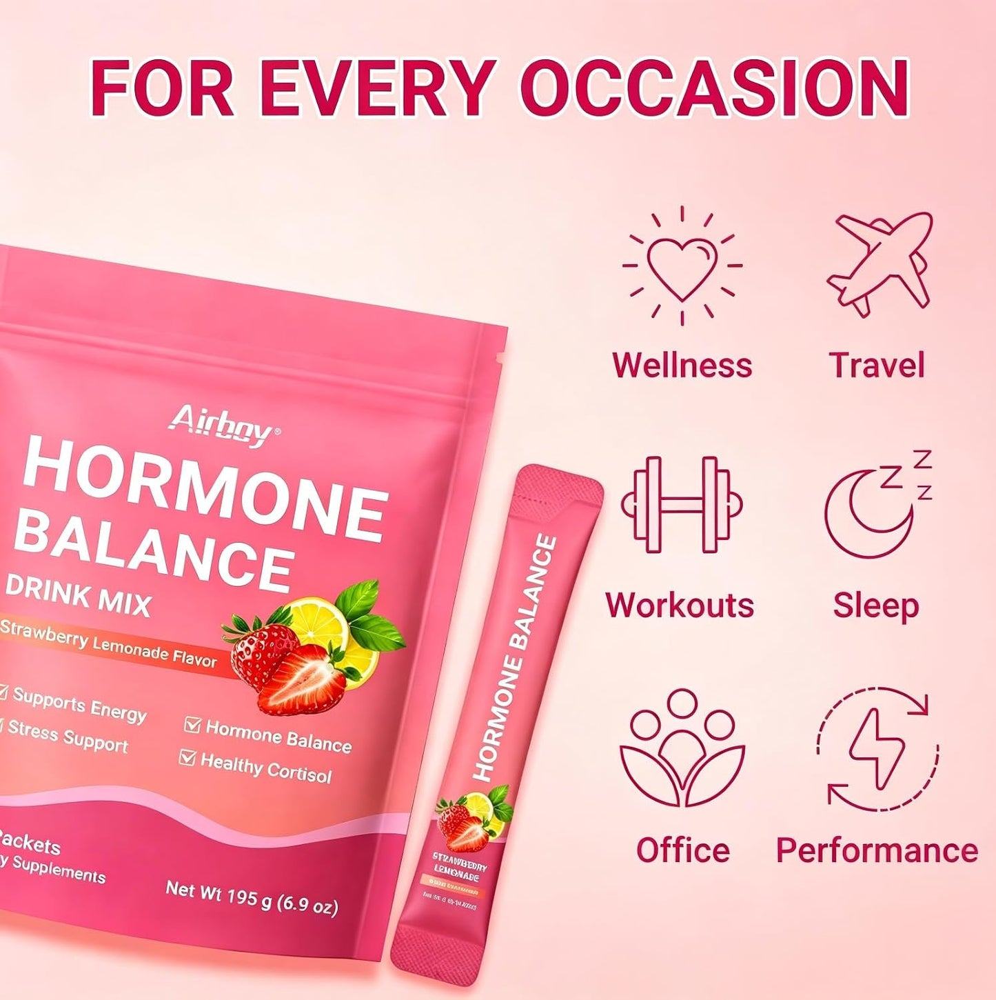 Hormone Balance for Women, Female Hormonal Support Drink Mix with Myo-inositol, Magnesium, Rhodiola Rosea, Vitamin C, Cortisol Supplement for Women, Vegan, Sugar-Free, Non-GMO, 30 Stick Packs