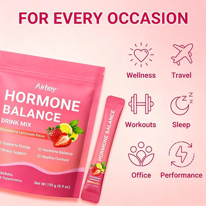 Hormone Balance for Women, Female Hormonal Support Drink Mix with Myo-inositol, Magnesium, Rhodiola Rosea, Vitamin C, Cortisol Supplement for Women, Vegan, Sugar-Free, Non-GMO, 30 Stick Packs
