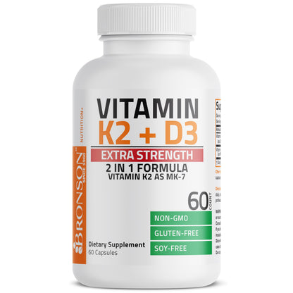 Bronson Vitamin K2 D3 (MK7) Extra Strength D3 & K2 Complex, 120 Capsules | Bone, Immune & Heart Health Support, Gluten Free, Soy Free, Non-GMO, Vitamin D3 10,000IU (250 mcg) & 120 mcg K2 MK-7