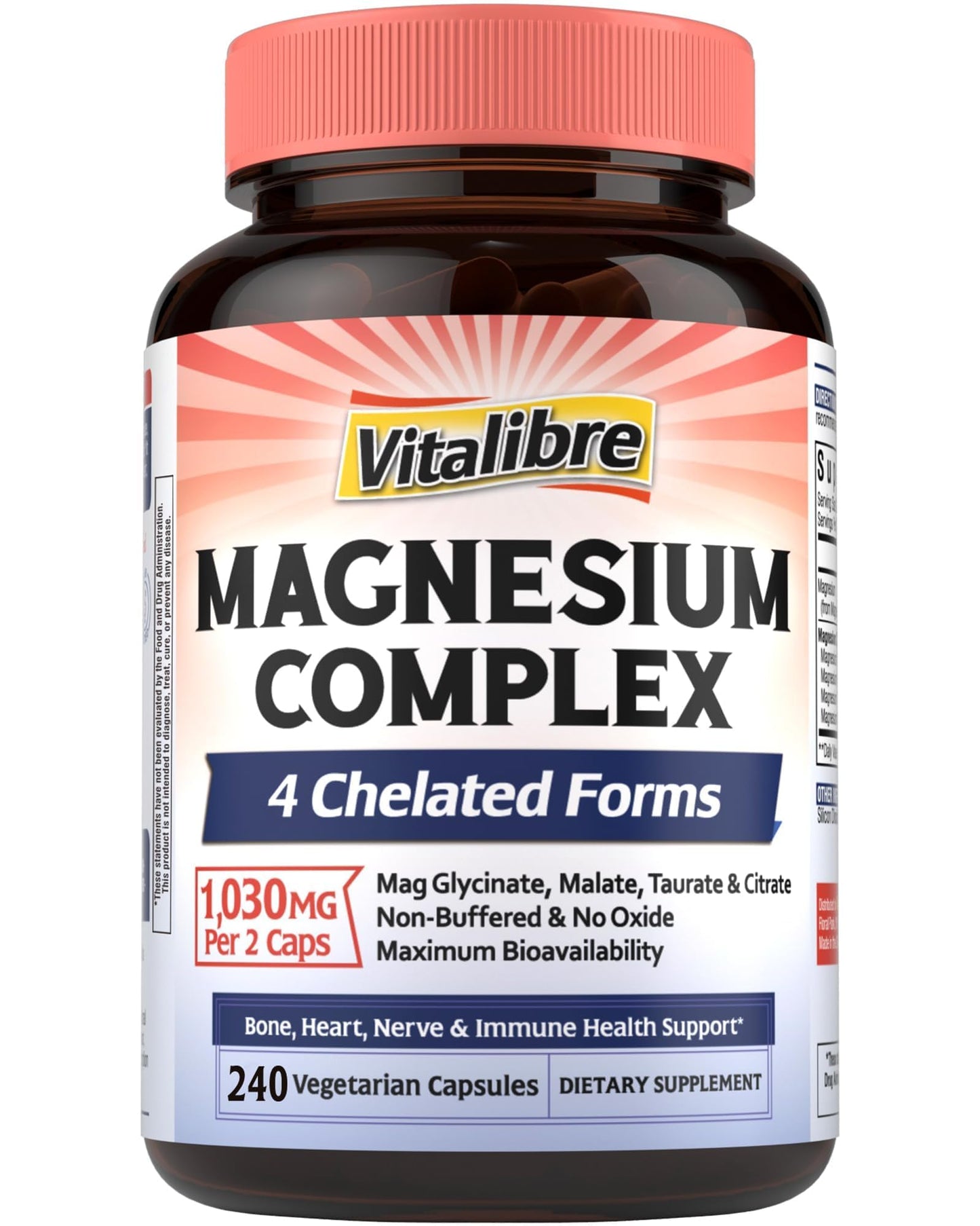 Vitalibre Magnesium Complex Supplement, 4 in 1 Maximized Absorption Chelated Magnesium Glycinate Malate, Taurate & Citrate, Non-Buffered, Bone, Heart, Nerve & Immune Support, 120 Vegan Capsules