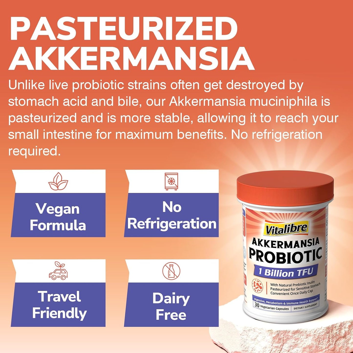 Vitalibre Akkermansia Muciniphila Probiotic 1 Billion TFU, w/Natural Prebiotic Inulin, Naturally Increases GLP-1, Healthy Digestion & Metabolism, Probiotic Supplement for Women & Men, 30 Capsules