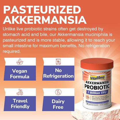 Vitalibre Akkermansia Muciniphila Probiotic 1 Billion TFU, w/Natural Prebiotic Inulin, Naturally Increases GLP-1, Healthy Digestion & Metabolism, Probiotic Supplement for Women & Men, 30 Capsules