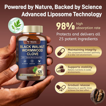 Totaria 120 Counts 25-in-1 Wormwood Black Walnut Clove Cleanse for Humans Capsules - Gut Cleanse & Digestive & Liver Health with Clove Pumpkin Seed Oil Garlic Oregano - Herbal Vegan Capsules