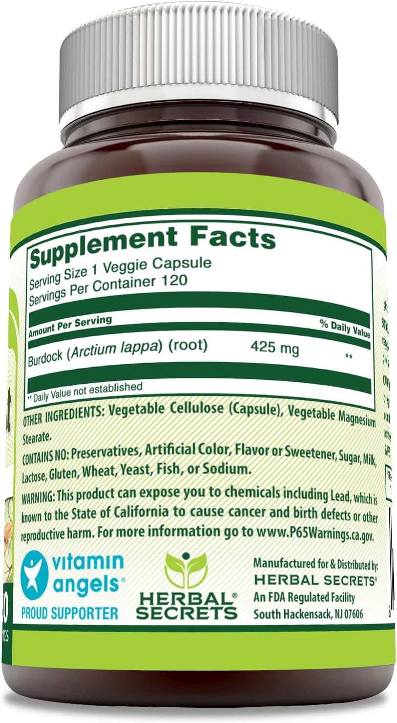 Herbal Secrets Burdock Root Supplement | 425 Mg Per Serving | 120 Veggie Capsules | Non-GMO | Gluten Free | Made in USA