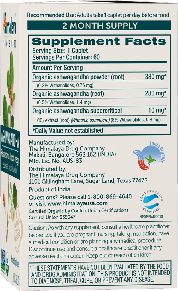 Himalaya USDA Organic Ashwagandha Root, 670 mg, 60 Day Supply, 60 Caplets