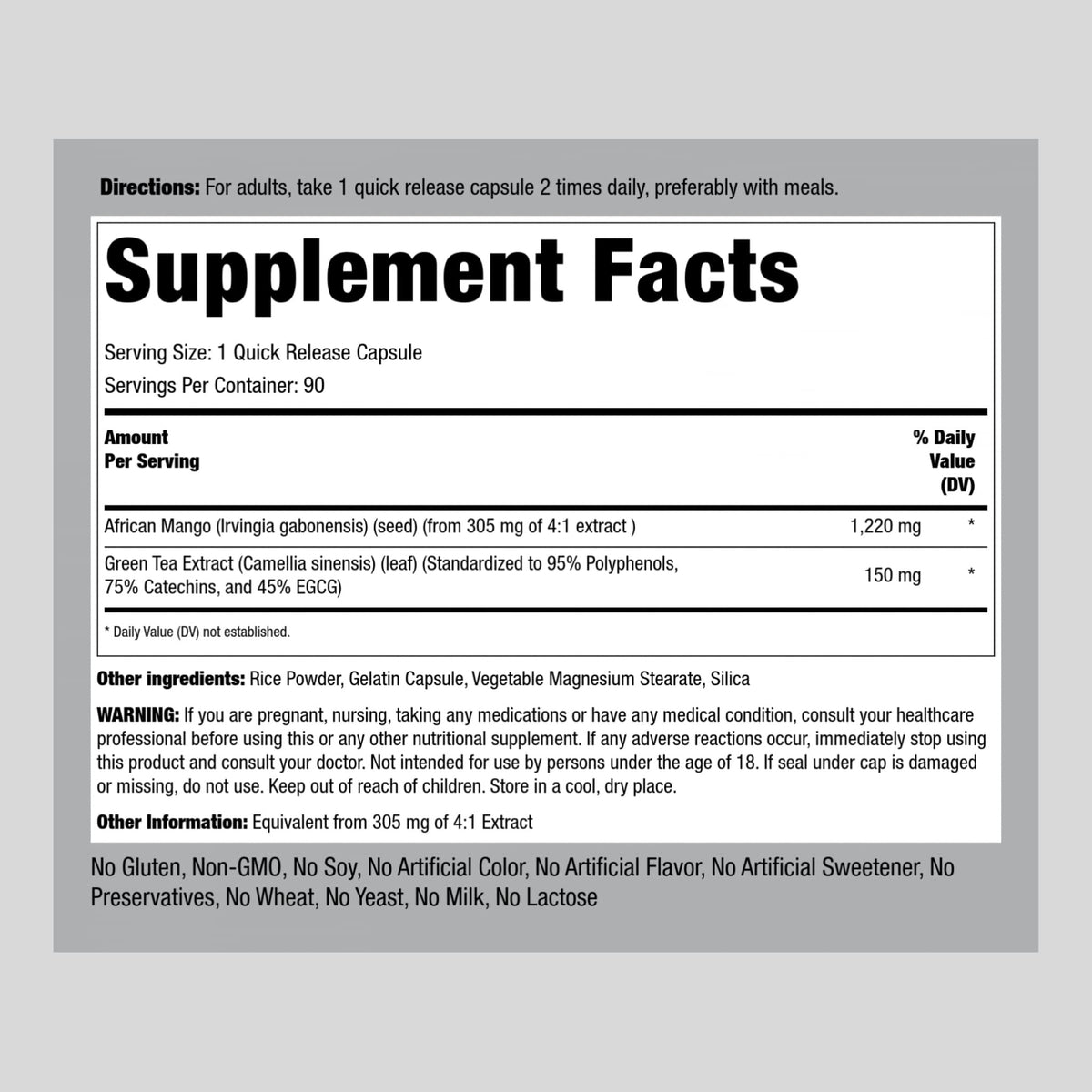 Piping Rock African Mango Seed Extract 1220 mg | 90 Capsules | with Green Tea | Extra Strength