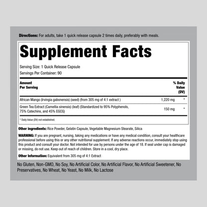 Piping Rock African Mango Seed Extract 1220 mg | 90 Capsules | with Green Tea | Extra Strength