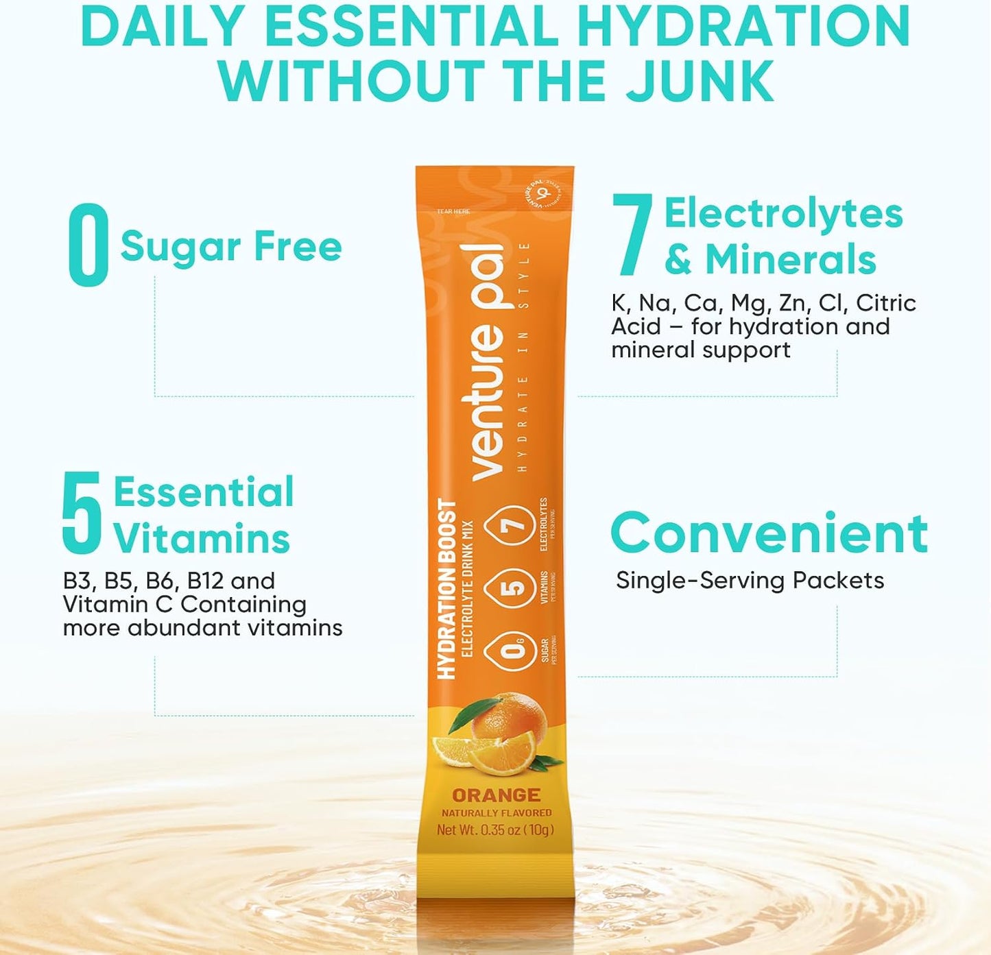 Venture Pal Sugar Free Electrolyte Powder, Liquid Daily IV Hydration Packet | 7 Electrolytes & 5 Vitamins, Electrolytes Dink Mix for Party Recovery & Instantly Hydration, Vegan, Keto-Friendly, 16 Sticks