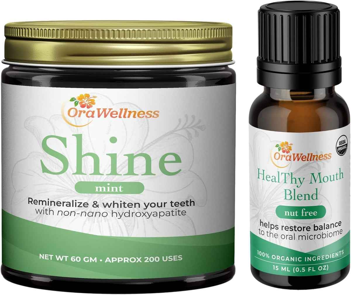 OraWellness Shine Remineralizing Natural Teeth Whitening Powder in Mint + Nut Free Healthy Mouth Blend Organic Toothpaste & Mouthwash Alternative Tooth Oil