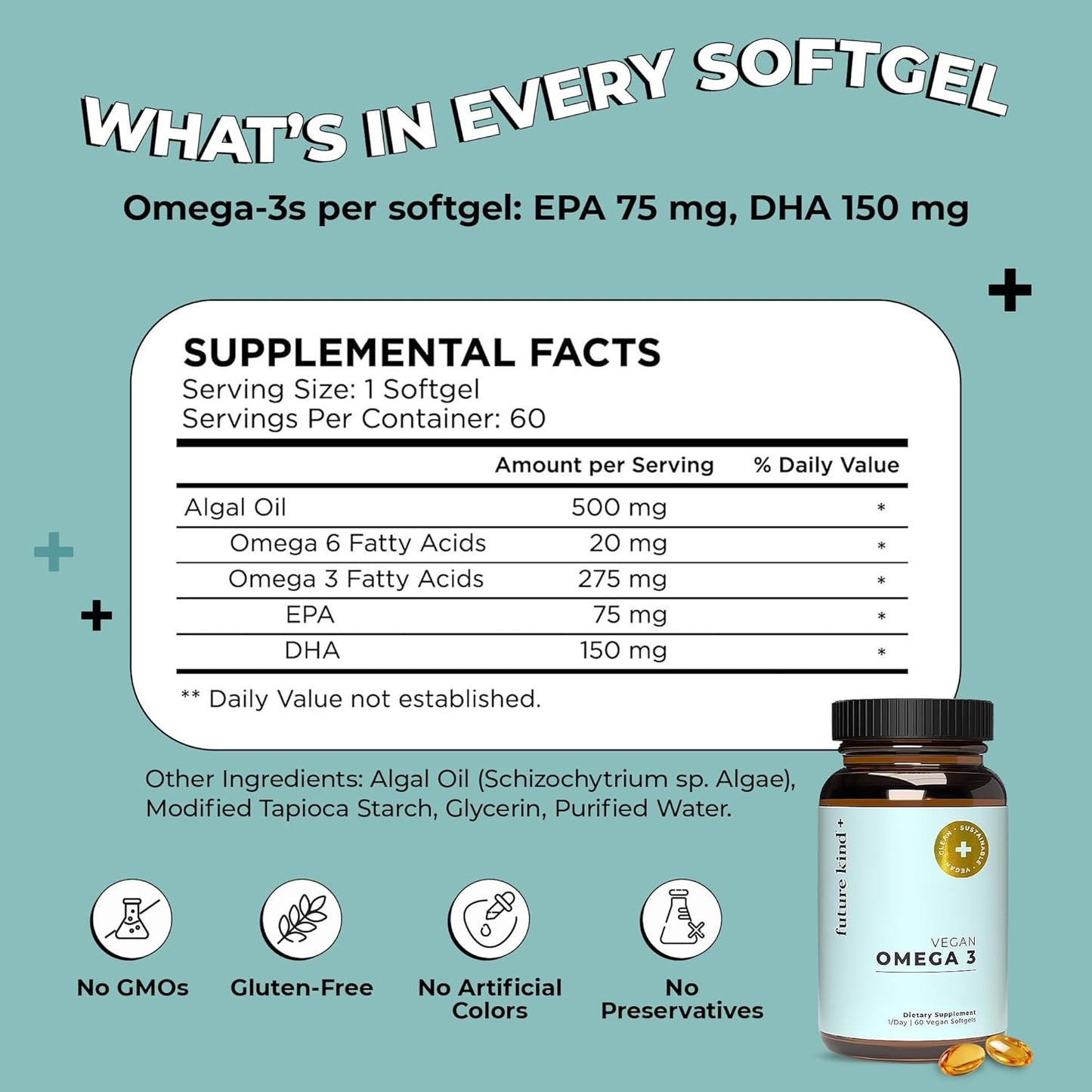 Future Kind Omega-3 Supplement for Clarity, Memory, and Mobility Comfort, 2 Months Supply of Citrus-Scented Softgels with EPA and DHA, Vegan Omega-3 Supplement from Algae, Carrageenan Free, 60 Count