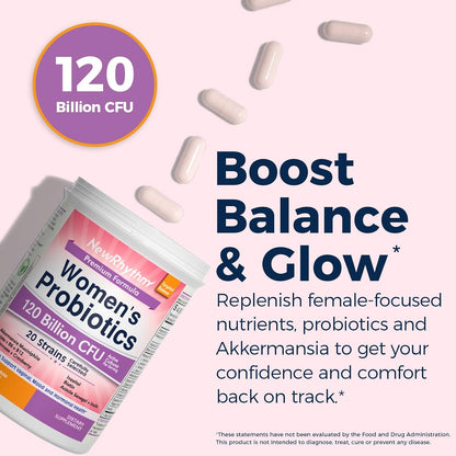 NewRhythm Probiotics for Women, Akkermansia Probiotic, Biotin, Vitamin B6 B12 & Inositol, 120 Billion CFU 20 Strains, Digestive Enzymes, Prebiotics & Vaginal Probiotics for PH Balance, 60 Capsules