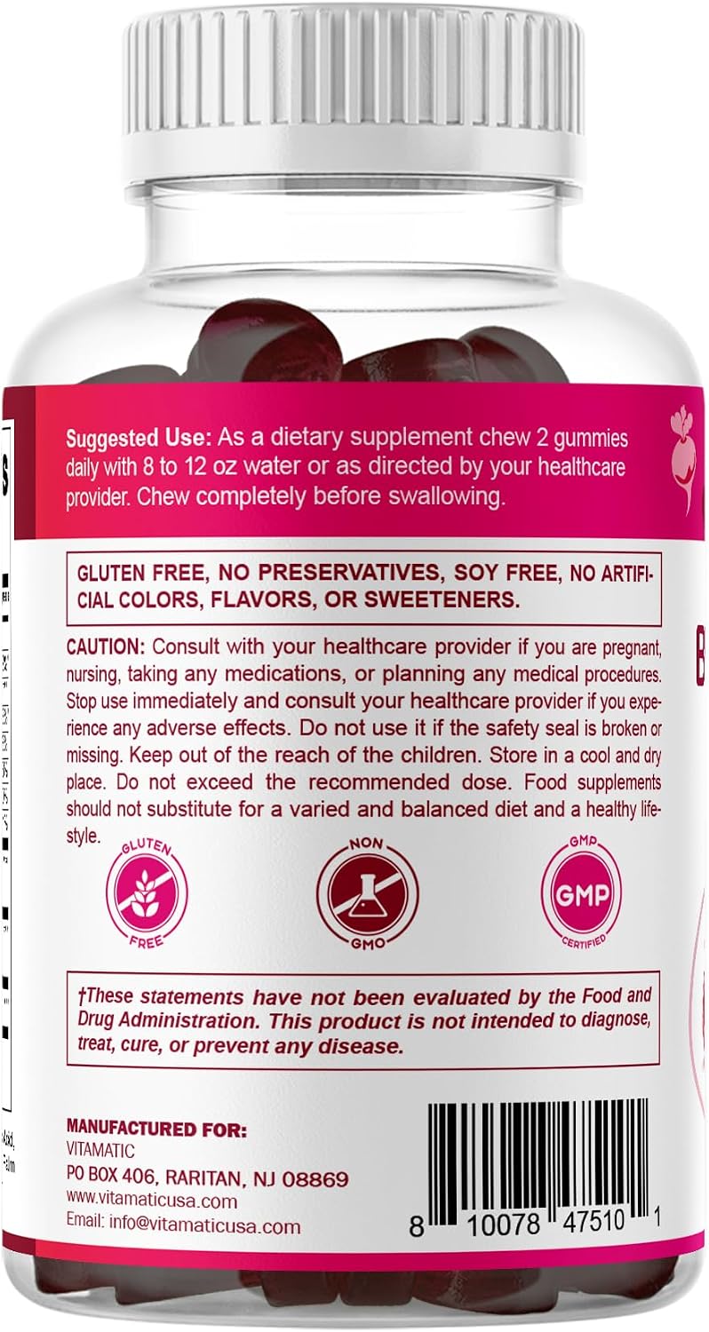 Vitamatic Beet Root Gummies with B6, B12, Grape Seed, Pomegranate & Nicotinamide – Plant-Based Extract – Vegan, Non-GMO – Botanical Supplement Gummies – 60 Count