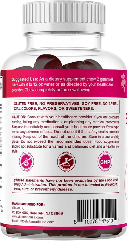 Vitamatic Beet Root Gummies with B6, B12, Grape Seed, Pomegranate & Nicotinamide – Plant-Based Extract – Vegan, Non-GMO – Botanical Supplement Gummies – 60 Count
