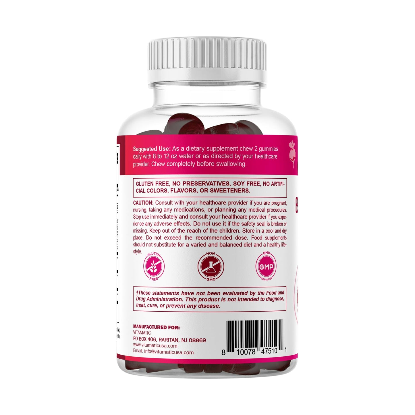 Vitamatic Beet Root Gummies with B6, B12, Grape Seed, Pomegranate & Nicotinamide – Plant-Based Extract – Vegan, Non-GMO – Botanical Supplement Gummies – 60 Count