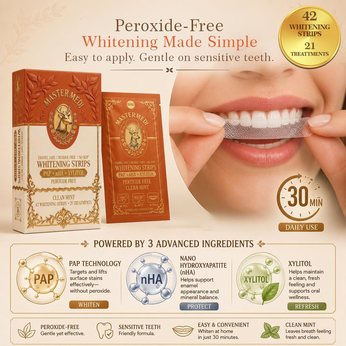 MasterMedi 3-in-1 Formula Teeth Whitening Strips Kit, 42 Strips (21 Treatments) with PAP, Nano Hydroxyapatite & Xylitol. Enamel Safe, Peroxide-Free, No-Slip Technology for Sensitive Teeth (Clean Mint)