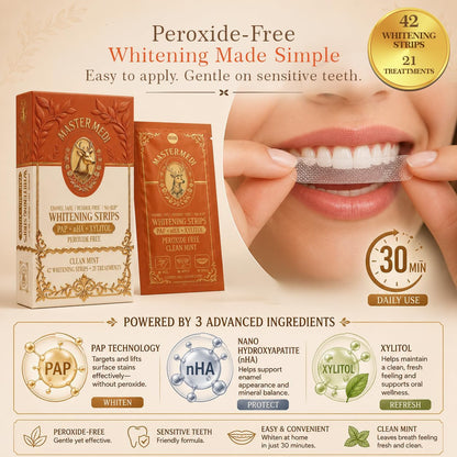 MasterMedi 3-in-1 Formula Teeth Whitening Strips Kit, 42 Strips (21 Treatments) with PAP, Nano Hydroxyapatite & Xylitol. Enamel Safe, Peroxide-Free, No-Slip Technology for Sensitive Teeth (Clean Mint)