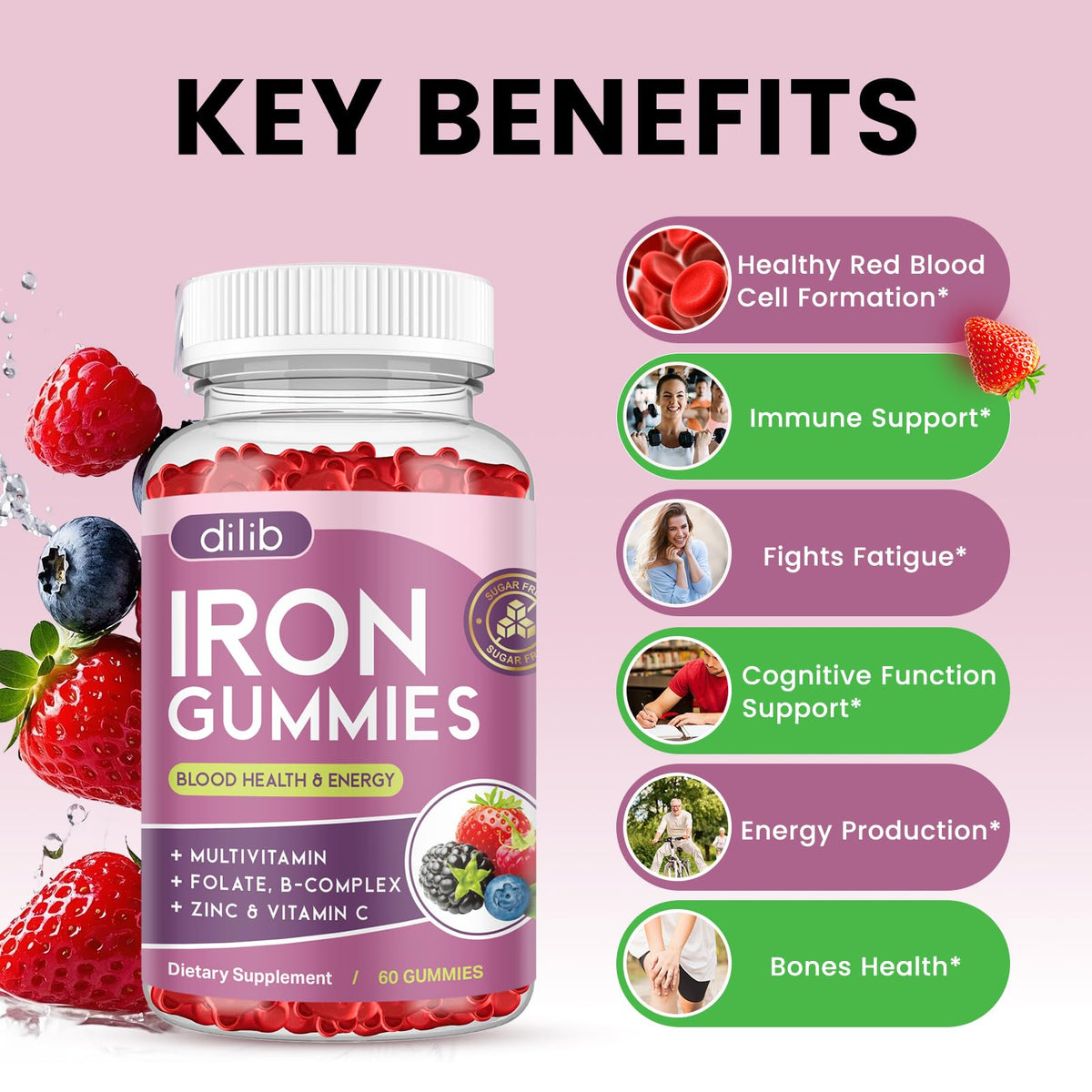 Iron Gummies with Multivitamin, Iron Supplement for Women & Men with Zinc, Vitamin B Complex & C, B12, Folate - Blood Builder & Energy Support for Adults & Kids - Strawberry Flavor, Vegan 60 Gummies